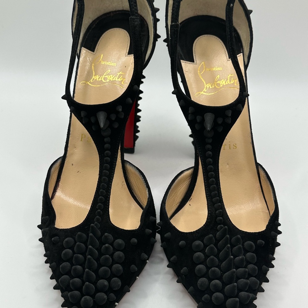 Christian Louboutin Goldostrap 100 Black Suede Spiked Heels - 36.5